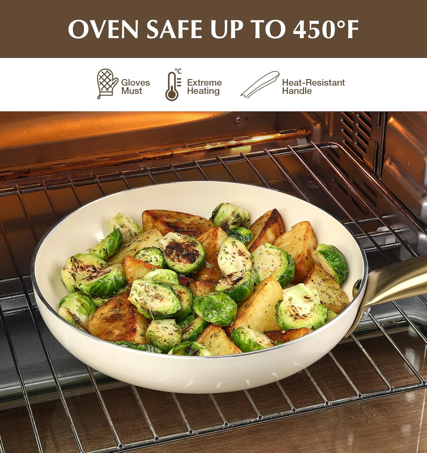 KOCH SYSTEME CS Nonstick Frying Pan with Lid, 10 Inch Non-Stick Skillet with Gold Stainless Steel Handle, Omelet Pan with Nonstick Ceramic Coating, PFOA Free, Induction & Oven Safe, Cream White