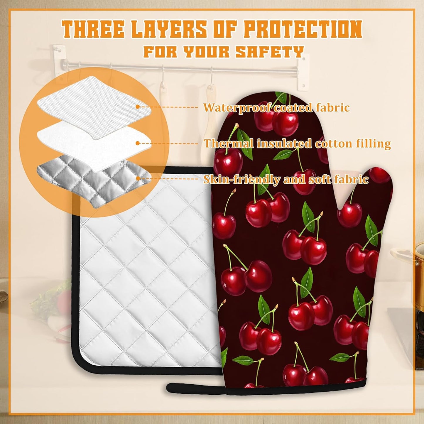 Cherry Oven Mitts and Pot Holders Set,Red Kitchen Decor Heat Resistant Non Slip Hot Pads and Oven Mitt for Chef Cooking Baking BBQ Mom Girl Gifts(4 Piece Set)