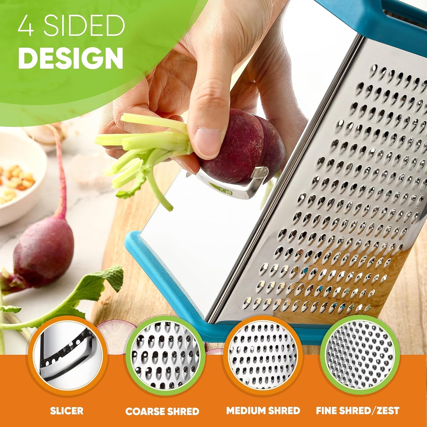 Spring Chef Handheld Stainless Steel XL Parmesan Cheese Grater with Handle - 4 Sided Metal Box Grater for Kitchen - Dishwasher Safe Potato Shredder for Hash Browns, Potato, Carrot, Vegetables - Teal