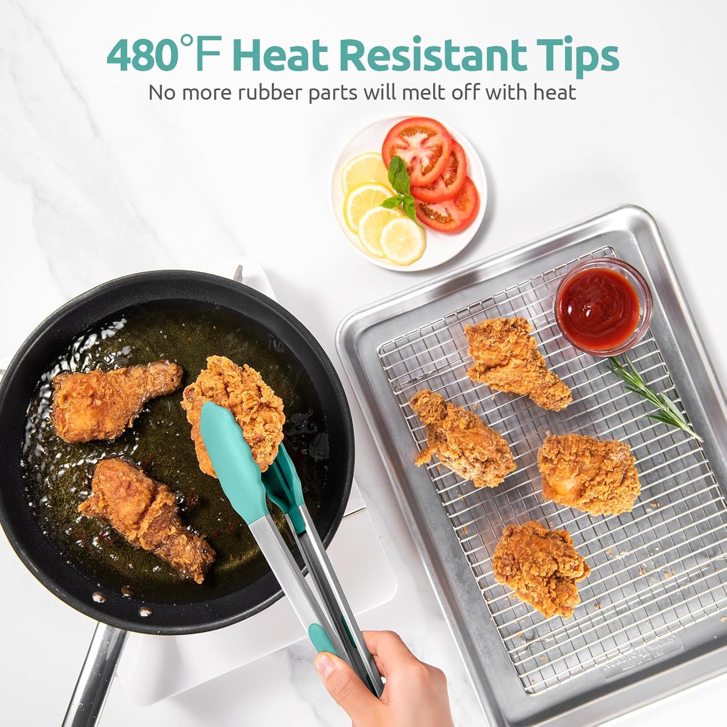 Heat Resistant Silicone Kitchen Tong: U-Taste 12 inch Large 480ºF Hot Proof Cooking Tong with Sturdy Non Stick Rubber Tips & Silicon Coated Steel Handle & Smooth Locking for Serving Salad (Aqua Sky)