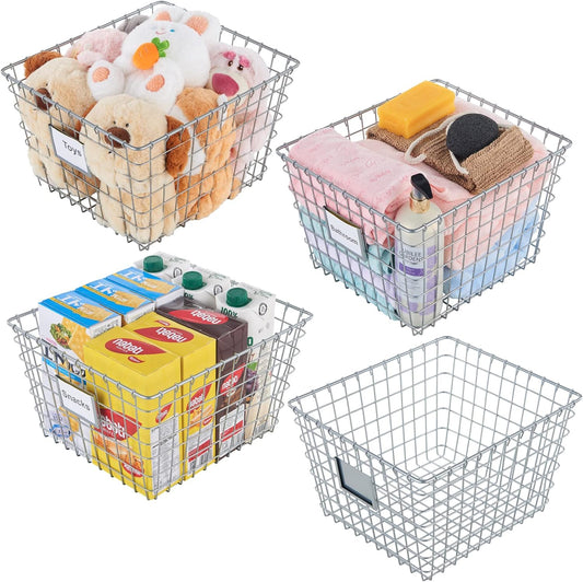 【Extra Large】 Wire Handmade Basket 4 Packs, Kitchen Bathroom Storage, Household Goods Storage, Wardrobe Basket,Silver