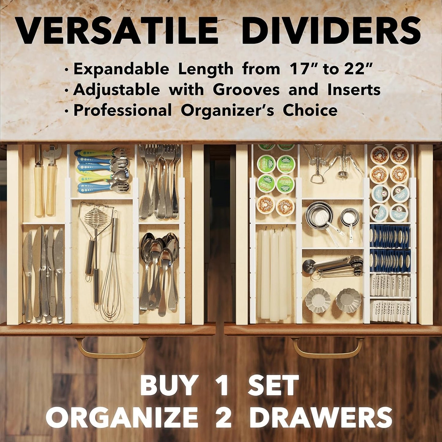 SpaceAid Bamboo Drawer Dividers with Inserts and Labels, Kitchen Adjustable Drawer Organizers, Expandable Organization for Home, Office, Dressers, 7 Dividers with 15 Inserts (17"-22" White)