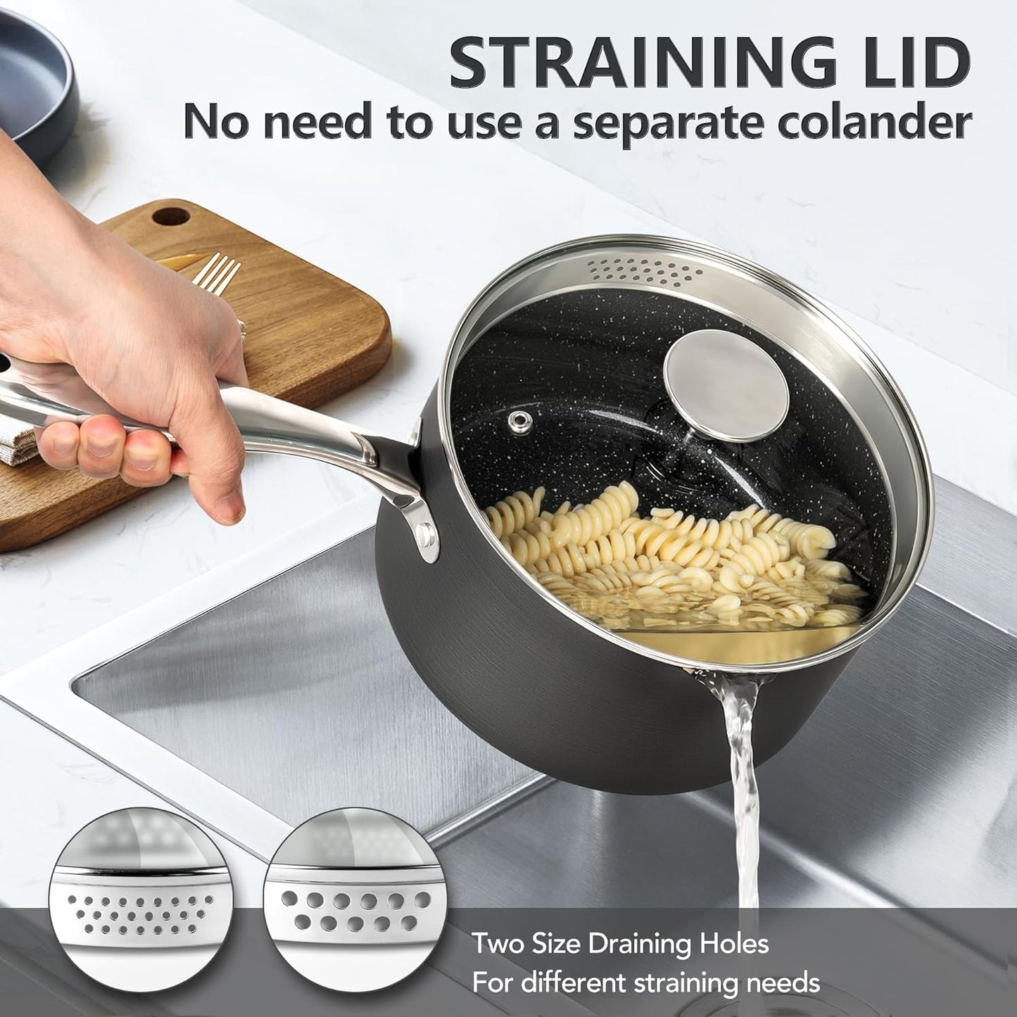 MICHELANGELO Hard Anodized Saucepan Set with Lids, Nonstick Saucepan with Pour Spouts & Strainer Lid for Easy Pour, Granite Derived Coating Sauce Pot Set - 1.5QT & 2QT &3QT Induction Sauce Pans