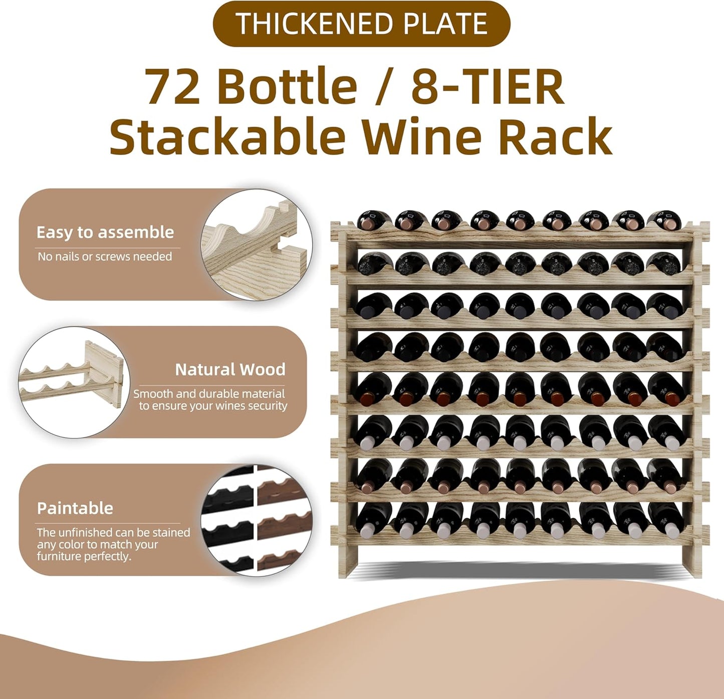 Modular Real Wood Wine Storage Racks - Stackable Wine Rack, Free Standing Floor Wooden Wine Rack, Premium Wine Storage Rack Elegant Display and Organizing for Kitchen and Cellar 8 Tier 72 Bottles