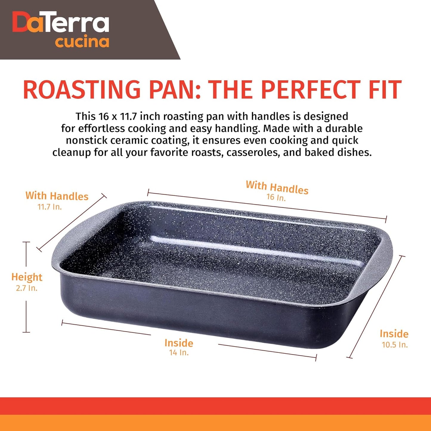 DaTerra Cucina Roasting & Lasagna Pan – 16" x 12" x 3", Large Nonstick Ceramic – Oven & Stovetop Safe to 600°F, 2.5mm Aluminum Base, PTFE, PFOA, Lead & Cadmium Free – Durable & Stylish, Made in Italy