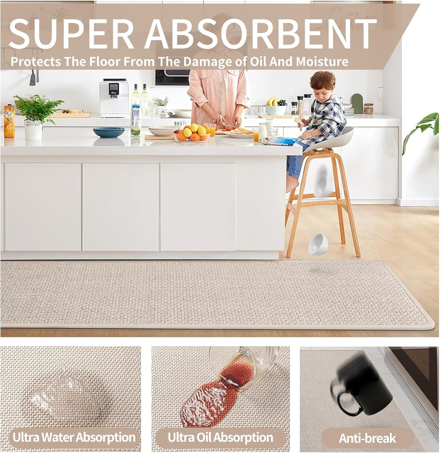 Kitchen mats for Floor Water and Oil Absorbent Runner Rugs for Kitchen, Kitchen Mat in Front of Sink,Non-Slip Kitchen Rugs,Durable Imitation Linen Kitchen Rug Beige 17x30+17x47