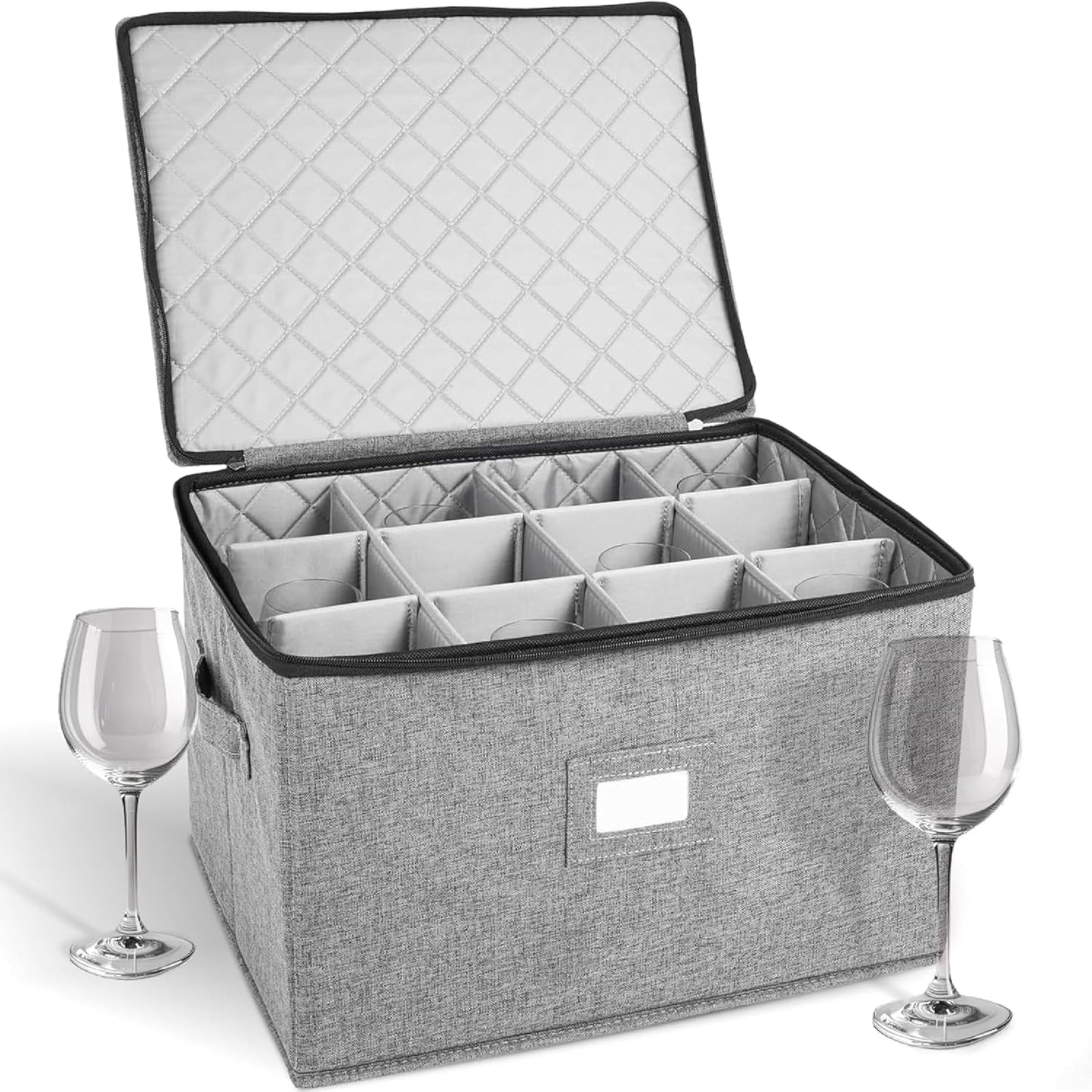 storageLAB Wine Glass Storage Containers, Hard Shell Organizer for Stemware and Glassware Sets, Stackable Wine Glass Storage Box with Dividers for Kitchen and Moving Supplies - 1 Pack, Gray