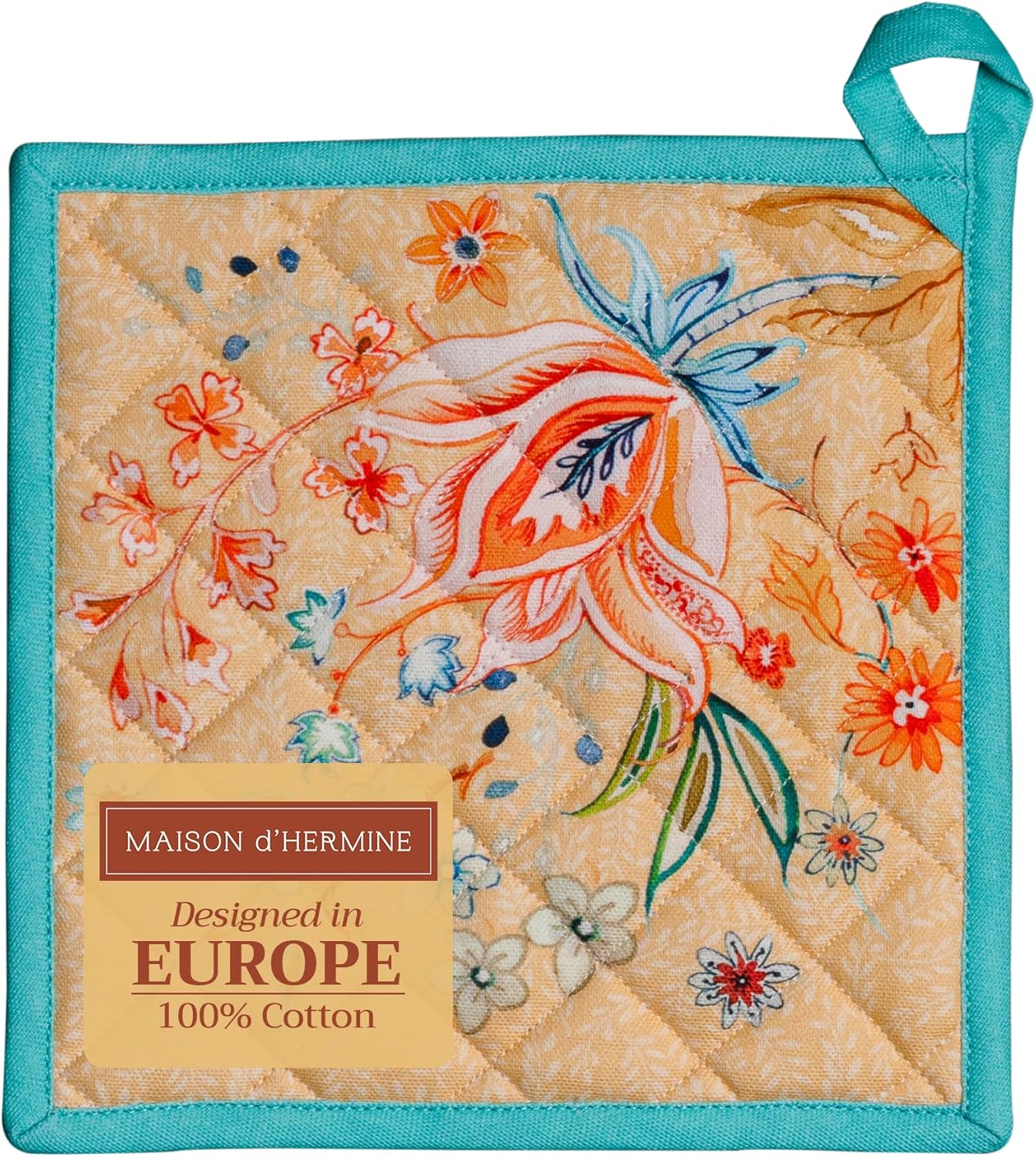 Maison d' Hermine Pot Holders 100% Cotton Heat Resistant Potholders 8" x 8" Hot Pads with Loop BBQ, Cooking, Baking, Grilling, Kitchen, Handling Hot Pans Spring/Summer (Pack of 1, Luxury Loft – Peach)