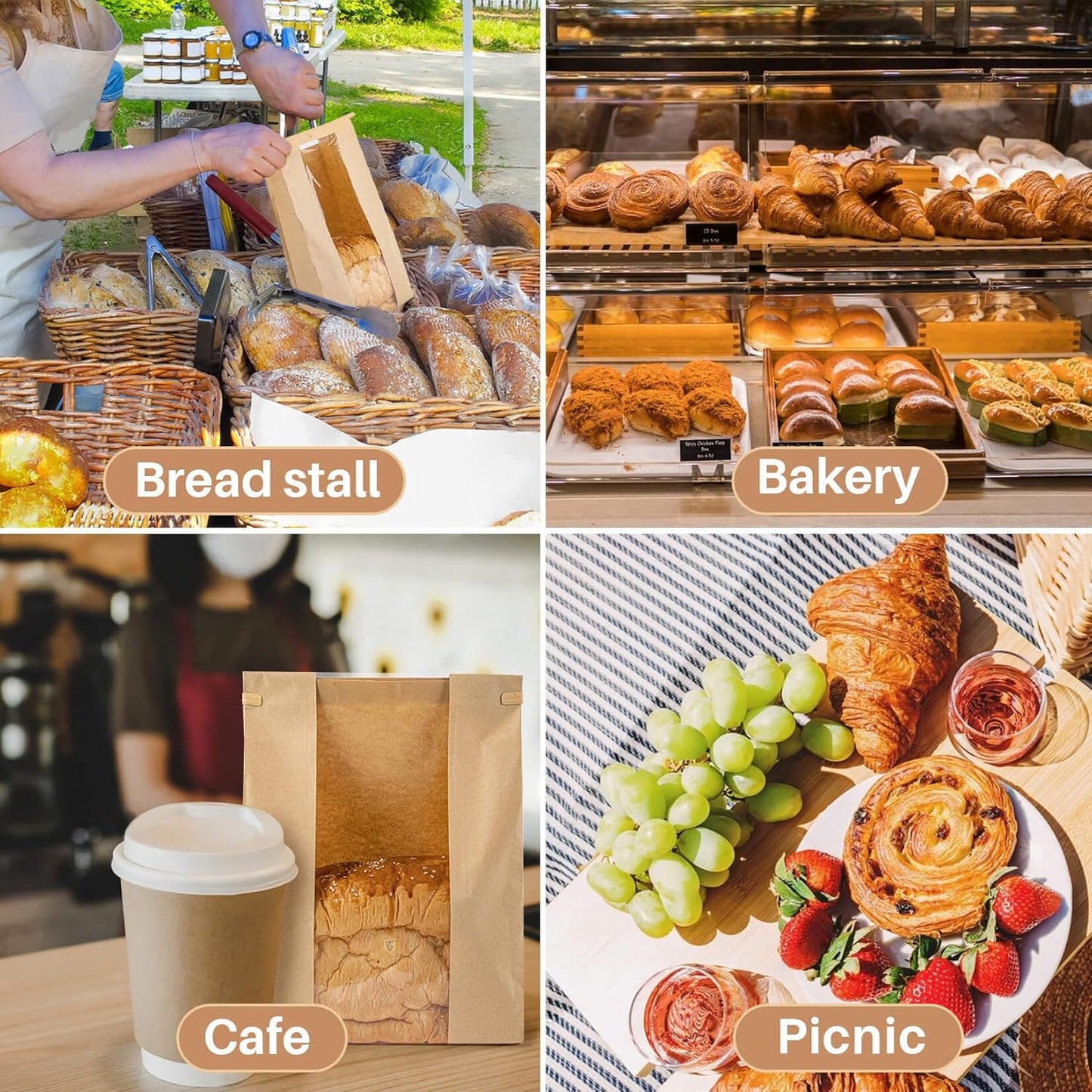 100Pcs Bread Bags with Reusable Ties - Homemade Sourdough Bread Storage Bags Brown Paper Bagel Loaf Bakery Bags with Window Toast Bags with Resealable Tie Disposable Baked Goods Sale Packaging