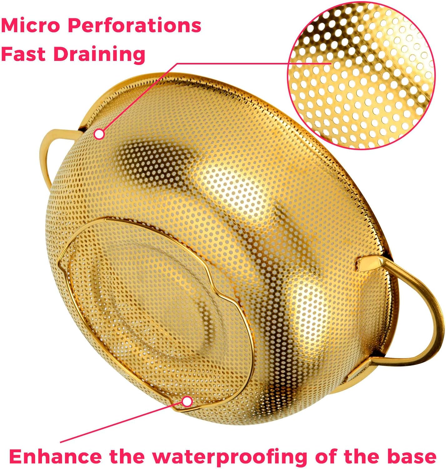 Snailhouse Colander, 3 Quart Kitchen Stainless Steel Metal Pasta Rice Food Colander Strainer Bowl with Handles and Legs for Draining Washing, Gold