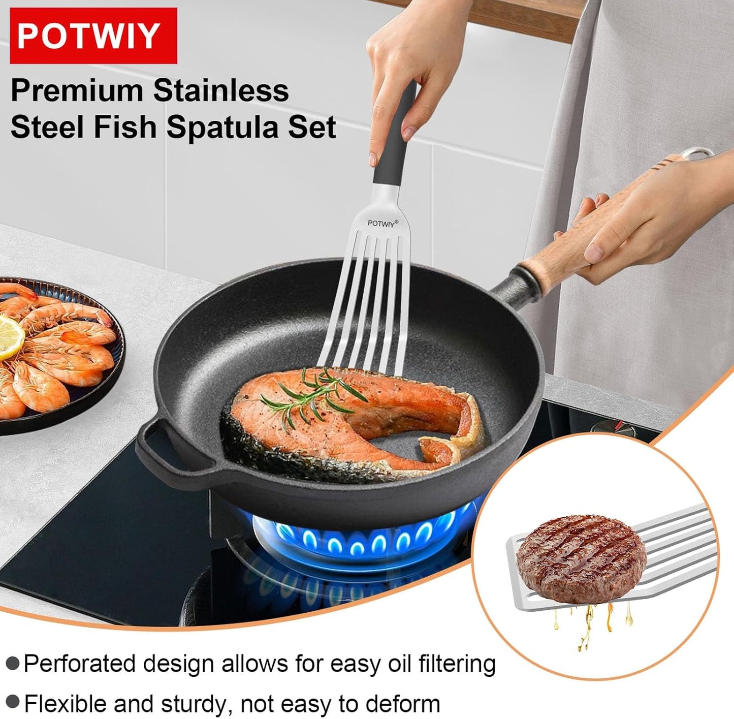 Fish Spatula Stainless Steel, Slotted Turner with Silicone Handle and Curved Blade, Metal Spatula for Cast Iron Skillet, Kitchen Cooking Flipper for Fish, Egg and Burger, 11.7 Inch