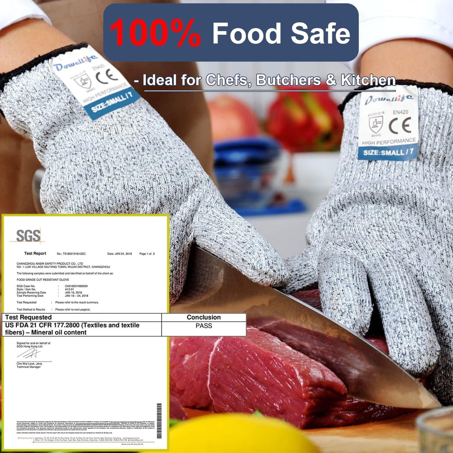 Dowellife Cut Resistant Gloves Food Grade Level 5 Protection, Safety Kitchen Cuts Gloves for Oyster Shucking, Fish Fillet Processing, Mandolin Slicing, Meat Cutting and Wood Carving. (Small-2 Pairs)