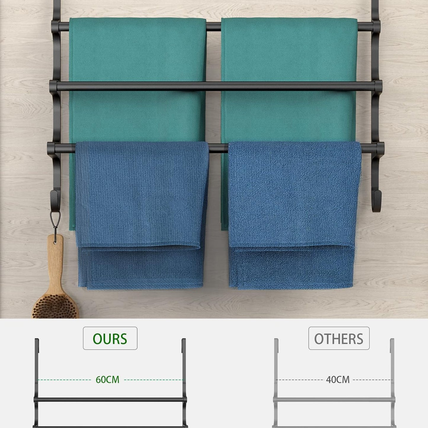 Over The Door Towel Rack, Triple Towel Storage Holder with Hooks, 24.02 Inches Towel Bar Hanger Towel Racks for Bathroom (Black)