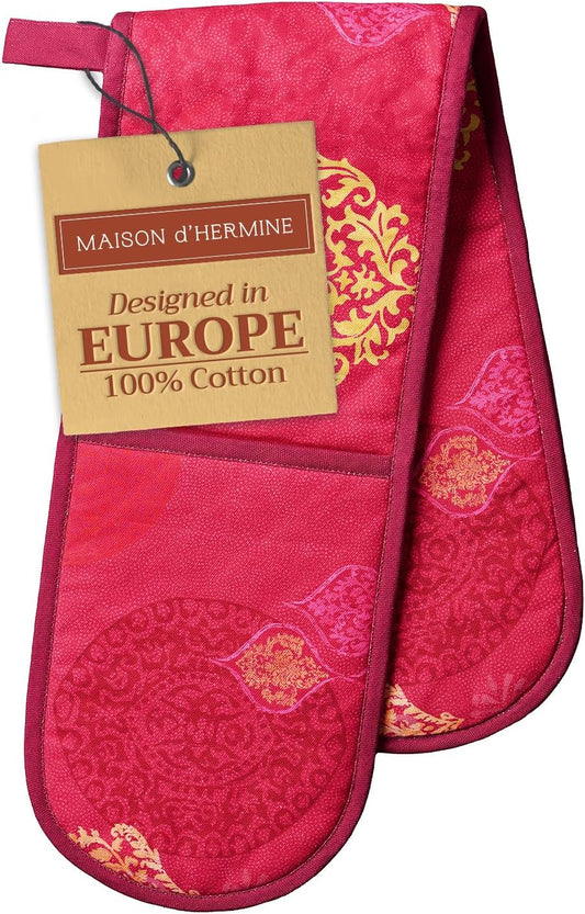 Maison d' Hermine Double Oven Mitts 100% Cotton 7"x35" Double Oven Mitt Heat Resistant BBQ Cooking Gloves with Loop, Baking, Grilling, Home, Kitchen, Handling Hot Pans (Versailles)