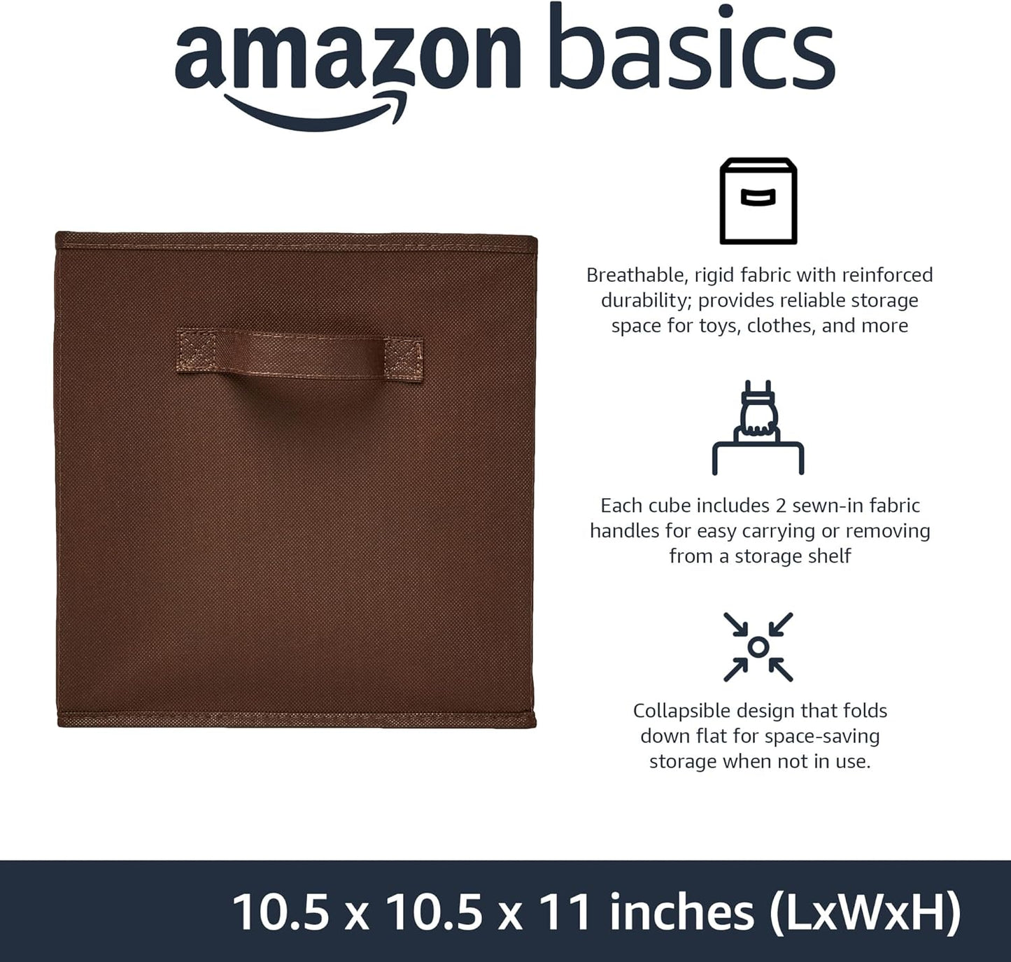 Amazon Basics Cube Organizer Storage Bins Handles, Collapsible Fabric, Pack of 6, 10.5"x10.5"x11", Brown