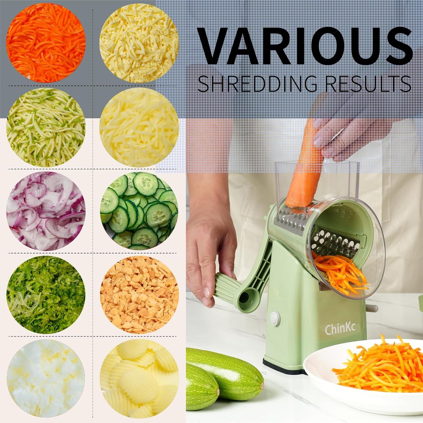 Rotary Cheese Grater Shredder - Upgraded 5 in 1 Cheese Grater with Handle and Strong Suction Base, Multi-purpose Julienne Slicer Ice Shaver Nuts Grinder for Ice, Vegetables, Fruit, Nuts