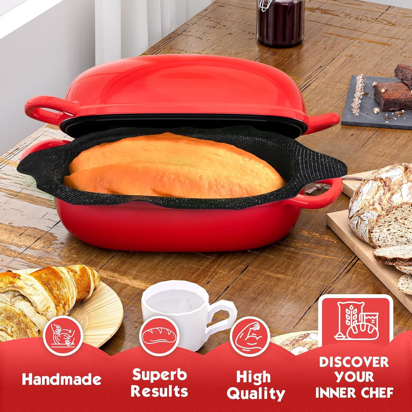 Dutch Oven for Bread Baking - 2.5QT Bread Pans for Homemade Bread with Perforated Non-Stick Silicone Liner Cast Iron Bread Pan Dutch Oven Loaf Pan with Lid and Loop Handle for Homemade Breadmaking,Red
