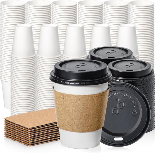 Fit Meal Prep 500 Pack 12 oz Disposable Coffee Cups with Lids, Sleeves, Leak-Proof To Go Coffee Cups with Lids, Durable Paper Cups for Hot Beverage, Home, Office, Party