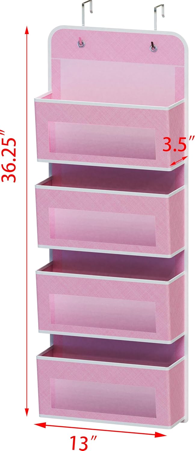 Simple Houseware 4 Clear Window Pocket Over Closet Door Storage Hanging Organizer for Bedroom, Bathroom, Pantry, Pink