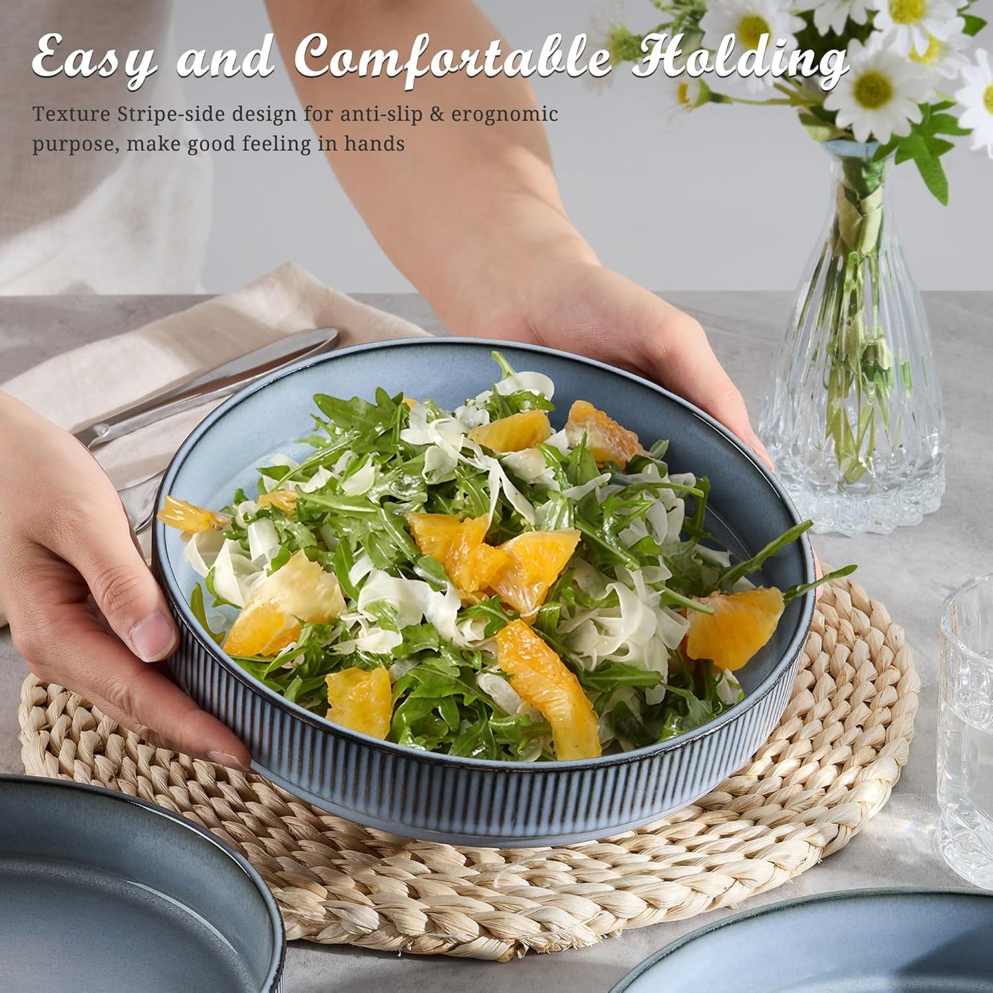 E-far Pasta Bowls Set of 4, 35oz Large Salad Bowl Plate for Dinner Serving Soup, Wide & Shallow Ceramic Stoneware Pasta Plates, Microwave & Dishwasher Safe, Reactive Glaze Textured Stripes, Dusty Blue