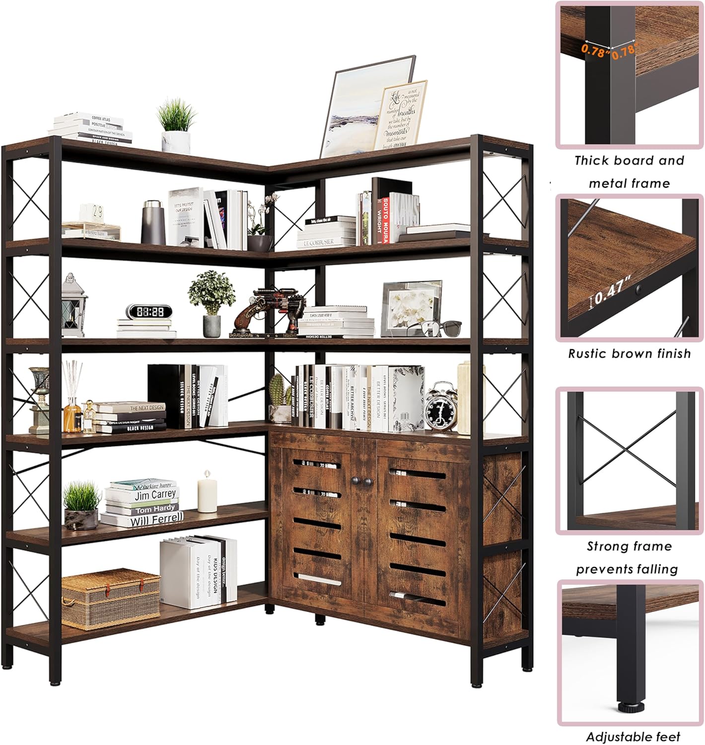 6-Shelf Corner Bookshelf, Vintage Industrial Corner Shelf Etagere Bookcase, Large Book Shelf with Metal Frame Open Storage Corner Cabinet (Brown-Lockers, Large)