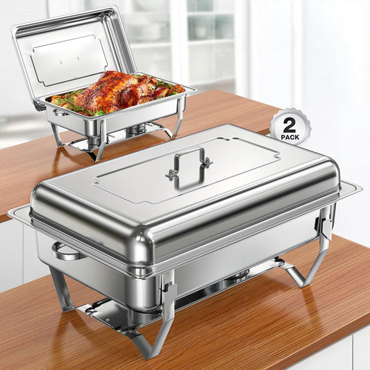 Chafing Dishes for Buffet 9QT 2 Pack, Easy Assembly, Food-Grade Stainless Steel Chafers for Catering w/Rolled Edge Design, Foldable Frame, for Party, Banquet (Full Size Food Pan)