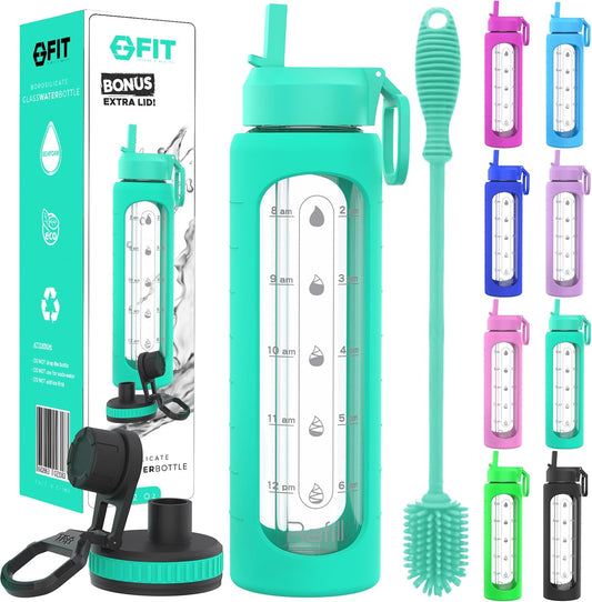 FIT Strong & Healthy 32 oz Glass Water Bottle with Straw Lid, Time Marker, Sleeve & Extra Lid - Motivational, Wide Mouth 1 Liter Glass Drinking Bottle