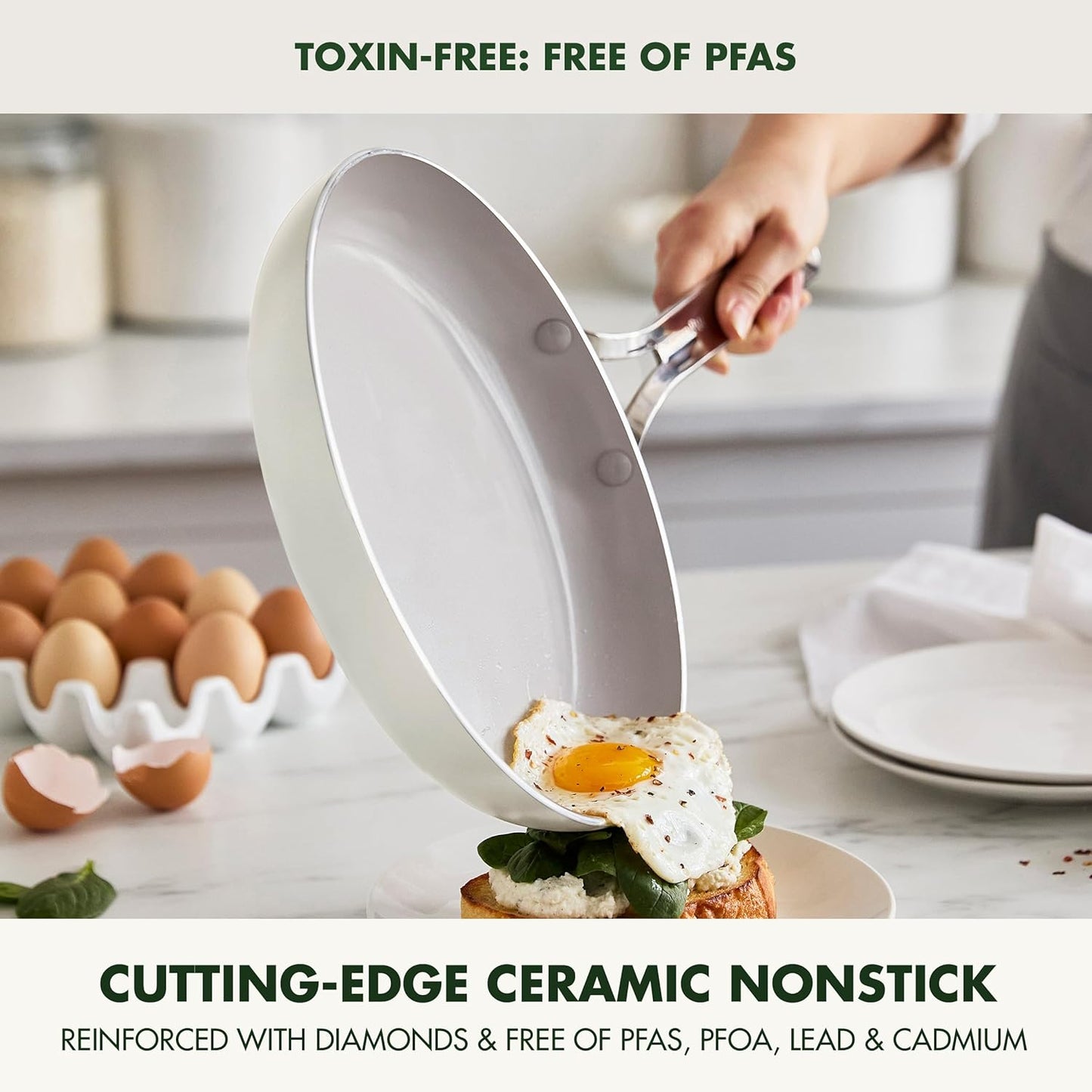 GreenPan Nova 10-Piece Cookware Pots & Pans Set, Oprah’s Favorite Things 2024, PFAS-Free Ceramic Nonstick, Fry, Sauté, Stockpot, Utensils, Lids, Induction Suitable, Dishwasher & Oven Safe, Cream White