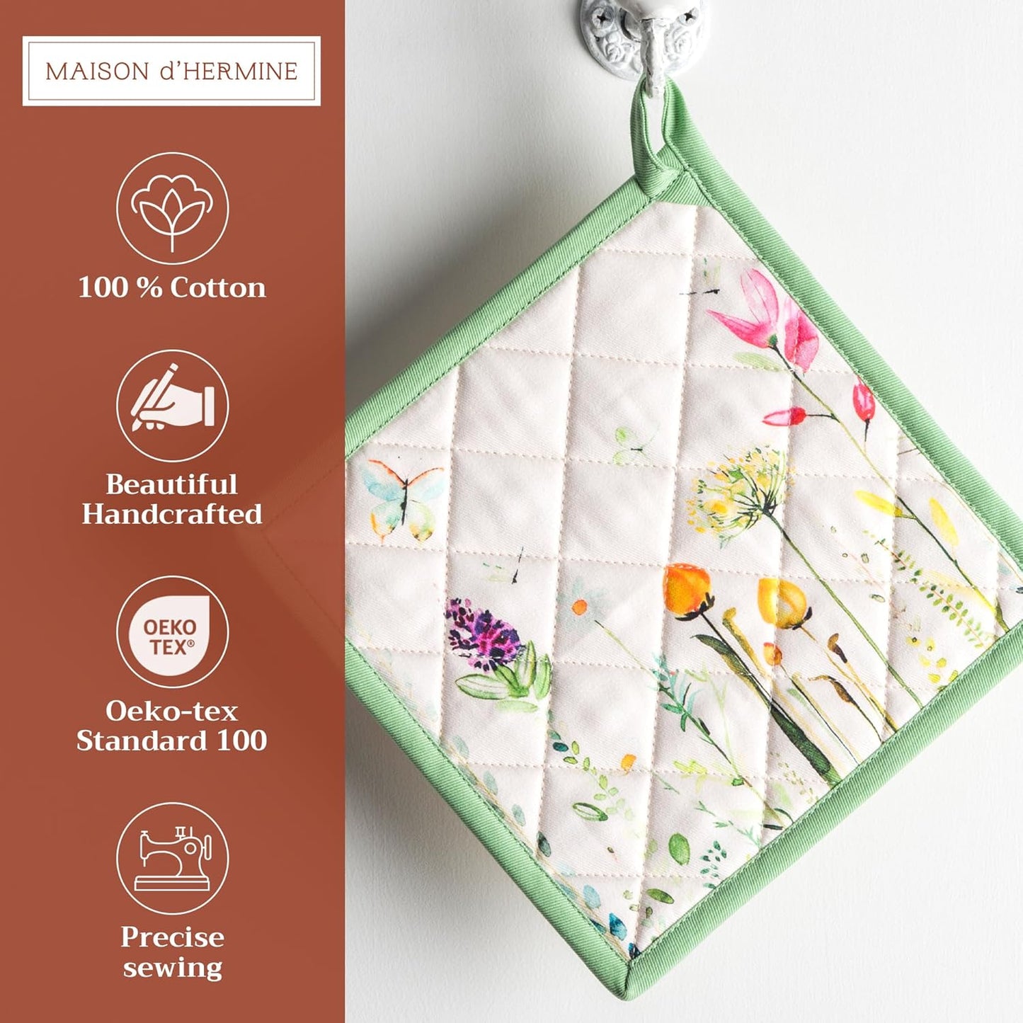 Maison d' Hermine Pot Holders 100% Cotton Heat Resistant Potholders 8" x 8" Hot Pads with Loop BBQ, Cooking, Baking, Grilling, Kitchen, Handling Hot Pans Spring/Summer (Pack of 1, Botanical Fresh)