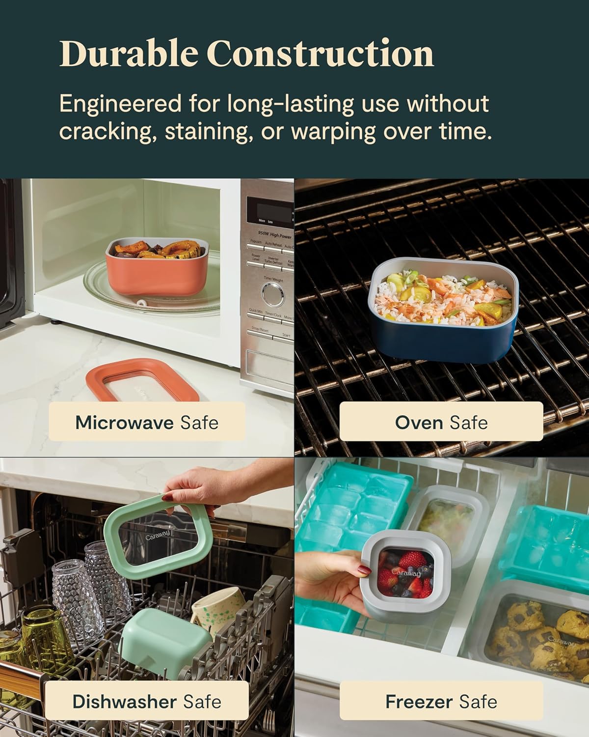 Caraway 2pc Glass Food Storage Set - 2.6 Cup Food Containers (2) - Non-Toxic Ceramic-Coated Glass - Air Release Technology - Compact & Stackable Design - Sage