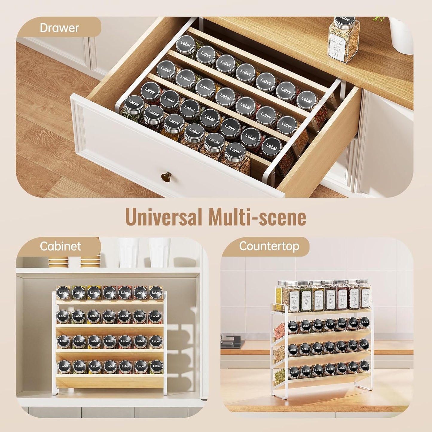 MUDEELA 4 Tier Spice Rack Organizer for Cabinet,Wooden Vertical Spice Shelf, Seasoning Organizer for Countertop, Kitchen, Pantry, Freestanding, 13.4" W × 11.2" H (No Jars Included), White