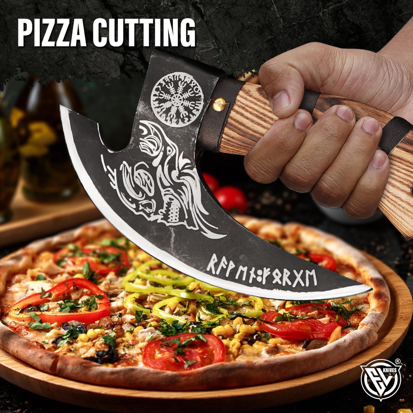 Edgelandknives® Multipurpose Viking Pizza Axe with Sheath, Viking Butcher Axe, Viking Pizza Cutter Axe - Burned Wood Handle & Heavy Duty Viking Skull Head - Perfect for Cutting Pizza, Meat, Vegetables