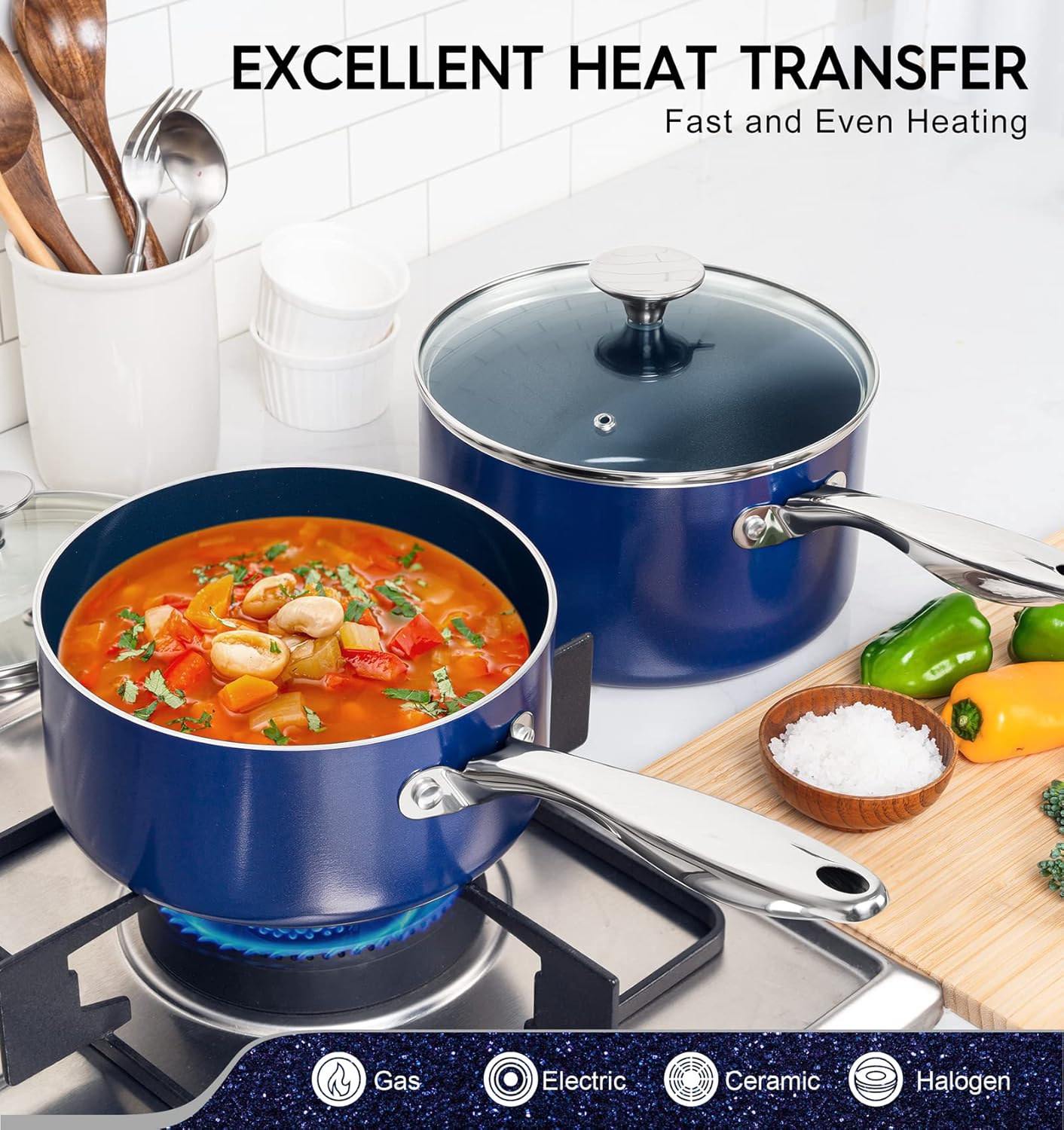 MICHELANGELO Sauce Pan Sets, Ceramic Saucepans with Lids, 1Qt & 2Qt & 3Qt Sauce Pans with Lid, Nonstick Saucepan Set, Small Pot with Stainless Steel Handle, Oven Safe, Blue