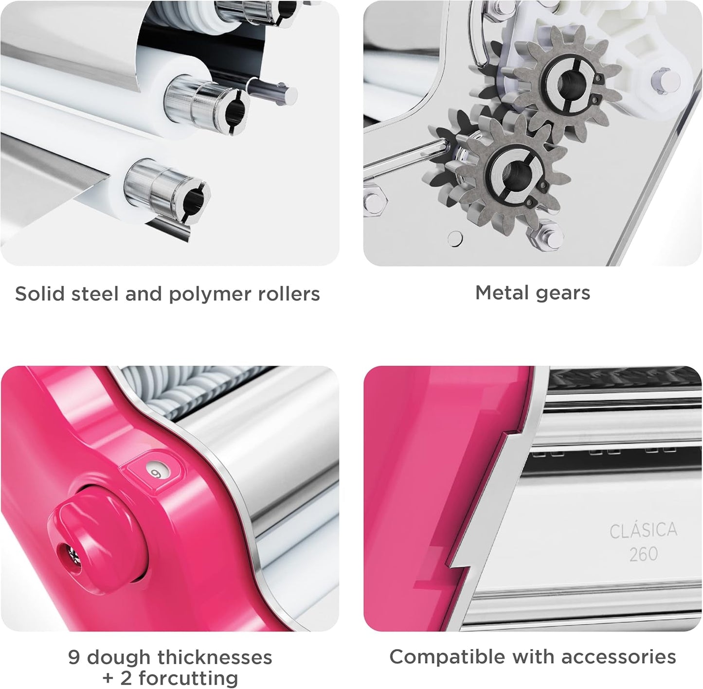 PASTALINDA Classic 260 Pasta Maker Machine, 26 cm Wide Rollers, 9 Thickness Positions, 2 Cutting Positions, Stainless Steel. Includes Reinforced Hand Crank And Two Clamps (Fuchsia)
