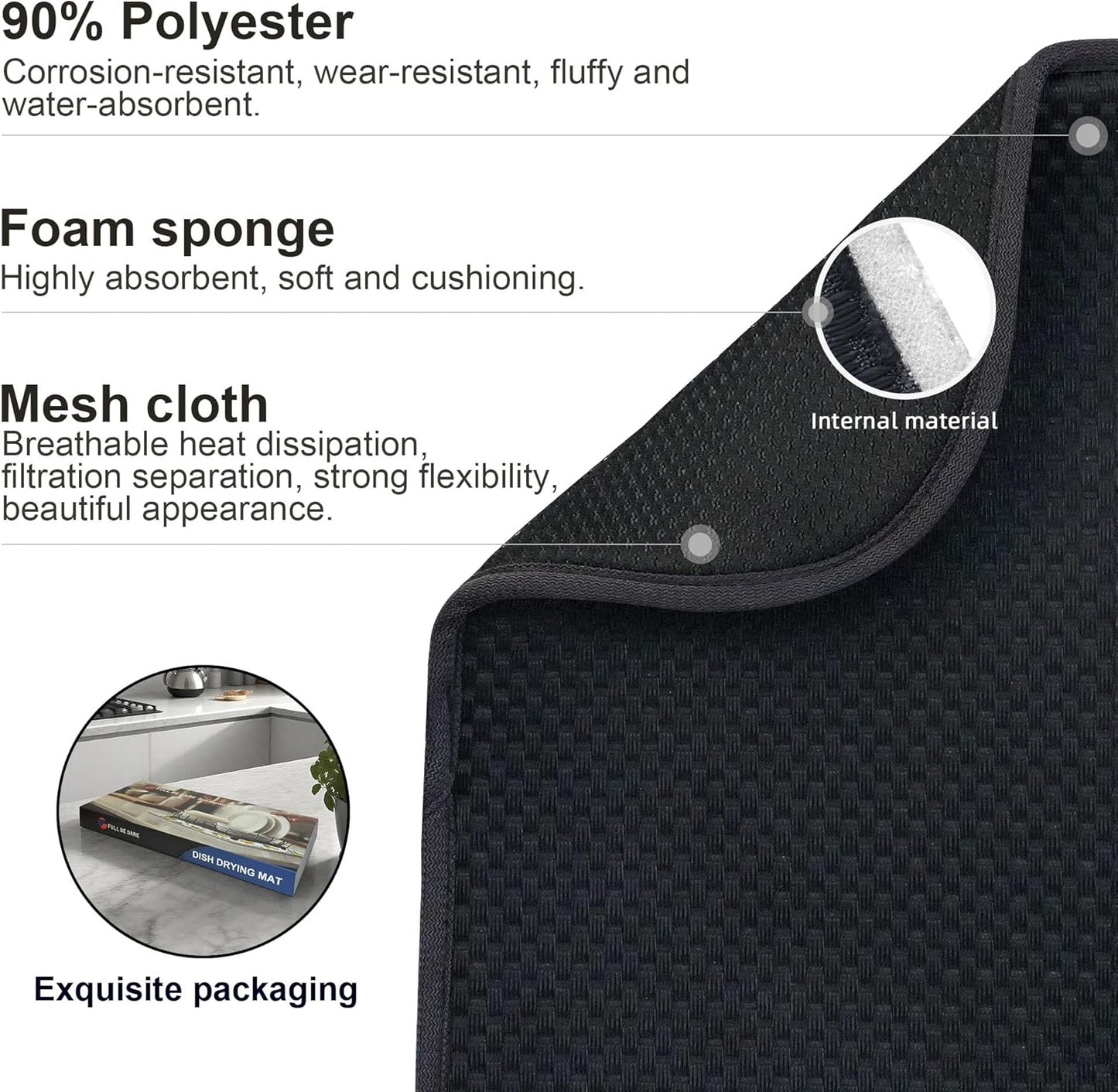 Black Dish Drying Mat XXL 17”x24” – Absorbent Kitchen Drying Mat for Kitchen Counter, Dish Rack Mat, Utensils, Pots & Pans – Dish Drying Pad, Drainer Mat, Dish Mats for Drying Dishes