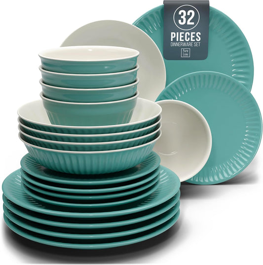 Stoneware Dinnerware Set for 8 People HYGGE 32-Piece - Elegant Scandi Design - Premium Dish Set - Bowl and Plate Set - Tableware for 8 People in a Ribbed Design - Pure Living in Green