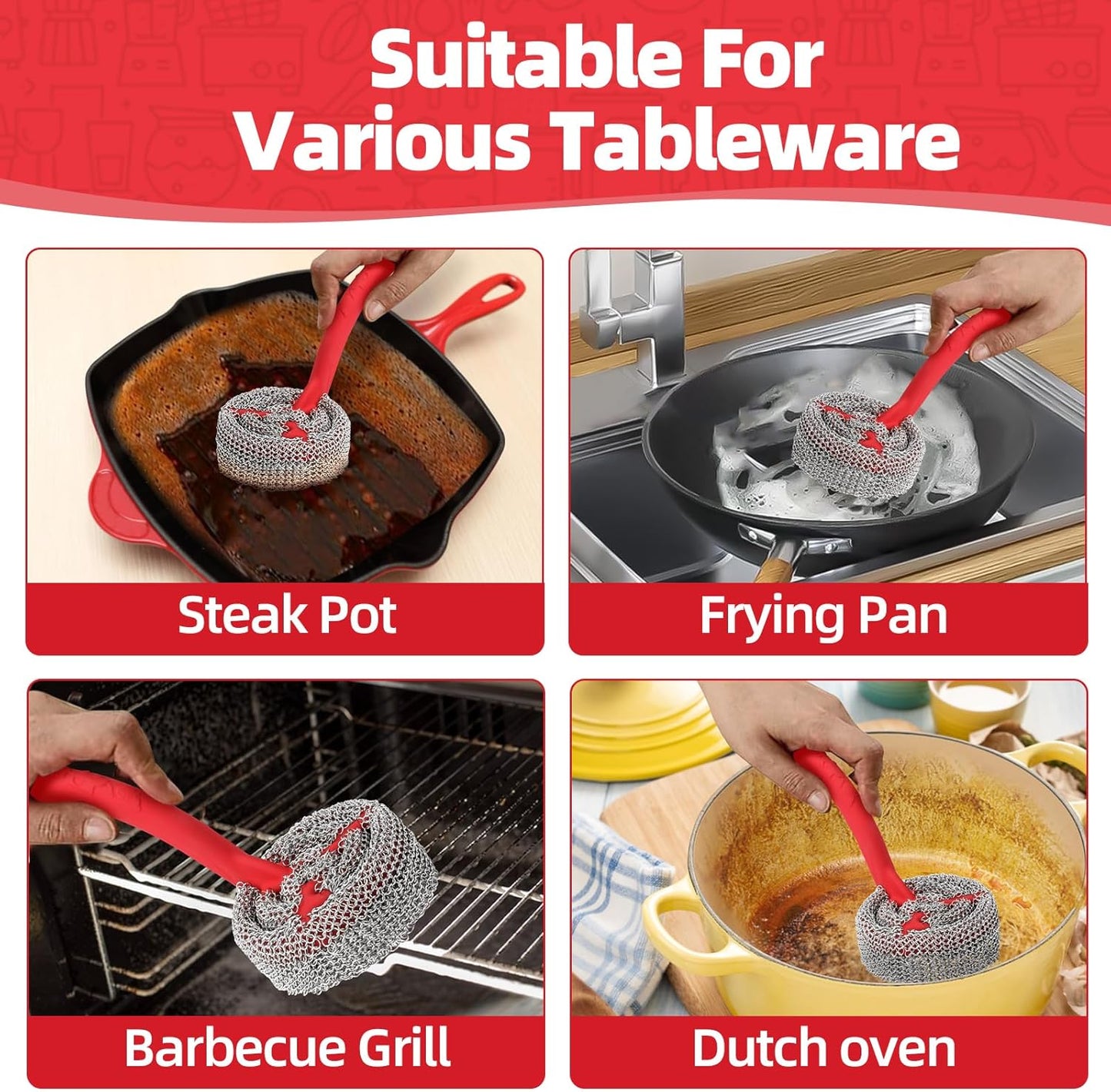 Cast Iron Chainmail Scrubber with Handle （ABS） - Cleaner for Pans and Pots - Premium Stainless Steel/Silicone Scraper for Skillets - Ergonomic Food-Safe Design - Easy to Clean Cookware Dish Brush