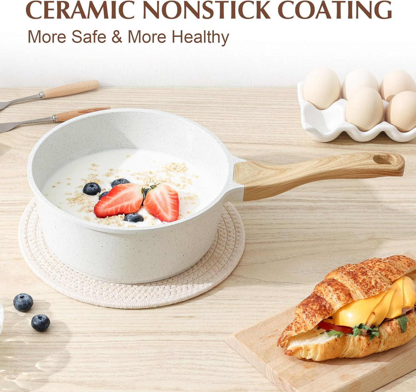 SENSARTE White Ceramic Nonstick Saucepan with Lid Set, Small Cooking Pot with Stay Cool Handle, Induction Compatible Saucepot, White Granite Coating, PFOA/PFAS Free, 1.5 + 2.5QT