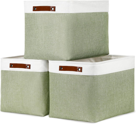 DULLEMELO 16 inch Fabric Storage Basket, Decorative Storage Boxes with Leather Handle for Closet Shelf Nursery, Collapsible Linen Storage Bins for Organizing Toys Book Towel Organizers(White&Green)