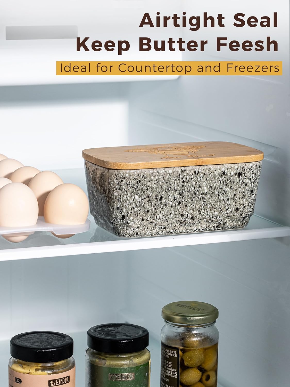 Ceramic Butter Dish with Lid, Covered Butter Dish for Countertop and Refrigerator, Large Butter Keeper Holder with Airtight Seal, HoneyBee Kitchen Decor, Gray