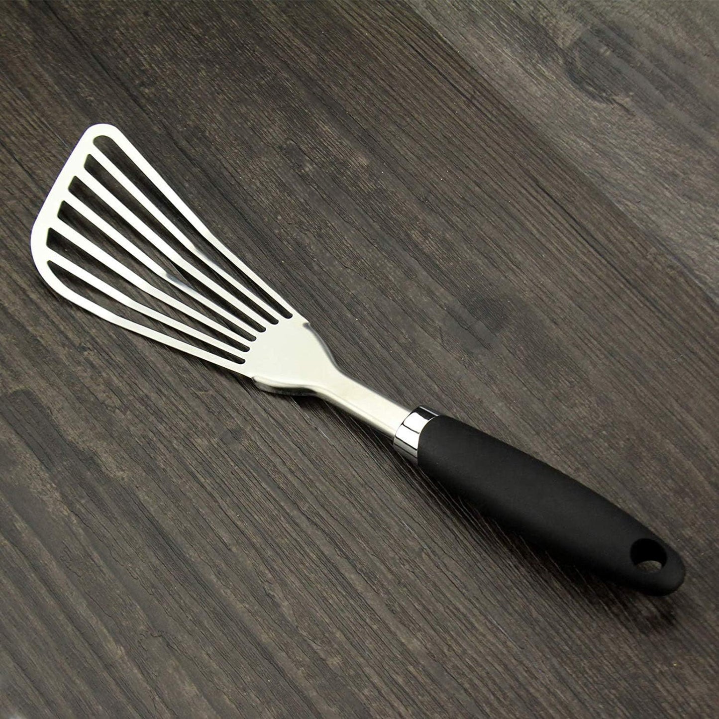 304 Stainless Steel Fish Spatula, Non-Slip Ergonomic Handle Slotted Spatula, Black