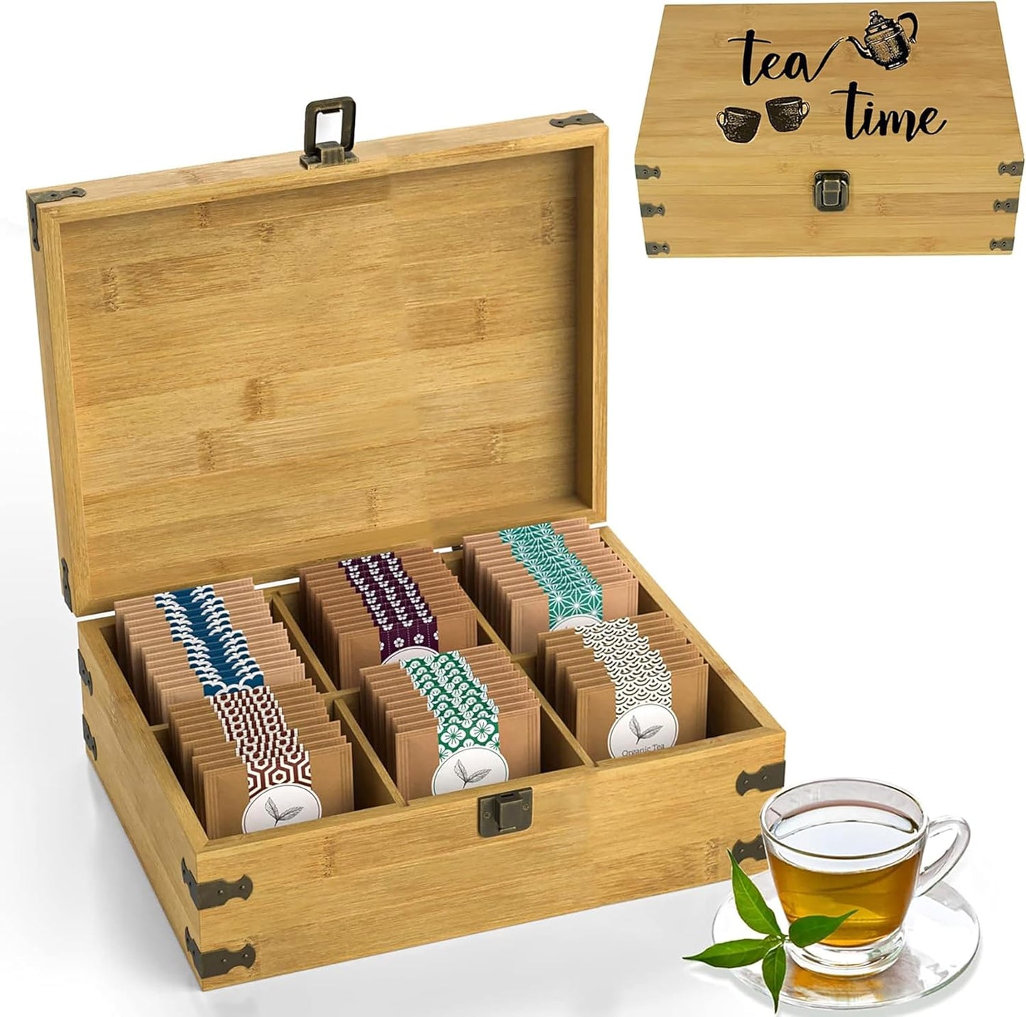 Bamboo Tea Organizer Box Chemical Free Eco-Friendly Big, Tall, Adjustable Cubbies Natural Wooden Storage Chest (Tea Time, 6-Slot 11" x 8.1" x 4.2")