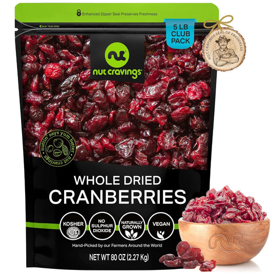 NUT CRAVINGS - Sun Dried Whole Cranberries, Lightly Sweetened (80oz, 5 LB) Bulk Dry Fruits Packed Fresh in Resealable Bag - Sweet Healthy Snack, Naturally Grown, Vegan, Kosher