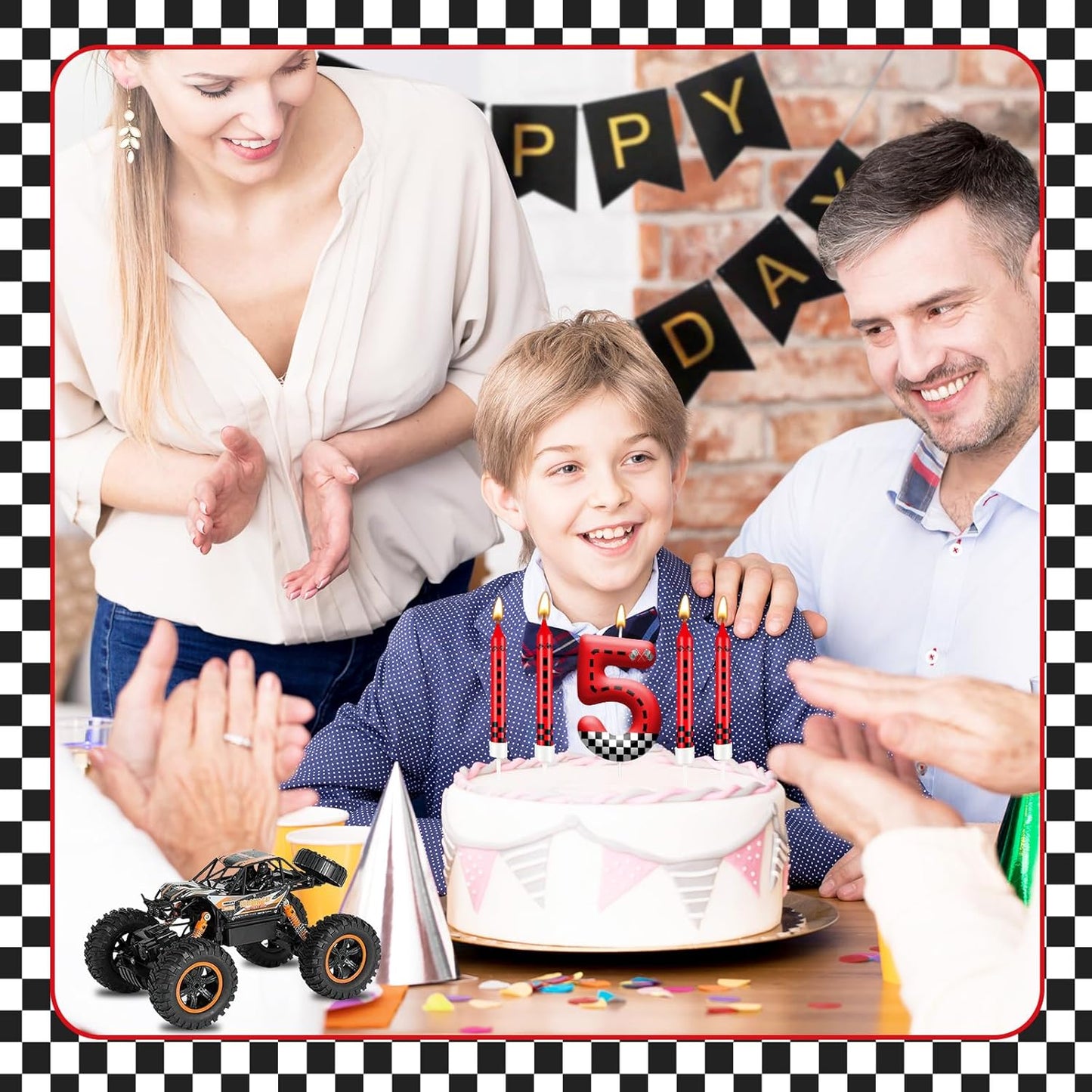 13PCS Racing Car Theme Birthday Candle Set with Checkered Flag Design - Durable Cake Topper for Race Car Party Decorations, Kids Birthday Supplies - Number 5 Candle for Racing-Themed Celebrations
