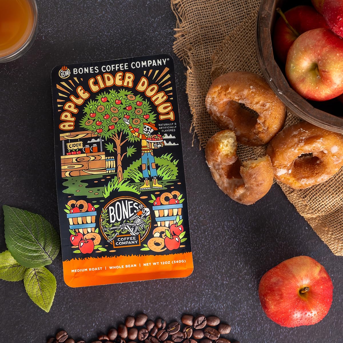 Bones Coffee Company Apple Cider Donut Flavored Coffee, Medium Roast Low Acid Arabica Beans Compatible with Auto drip and French Press Coffee Maker, 12 Oz Ground