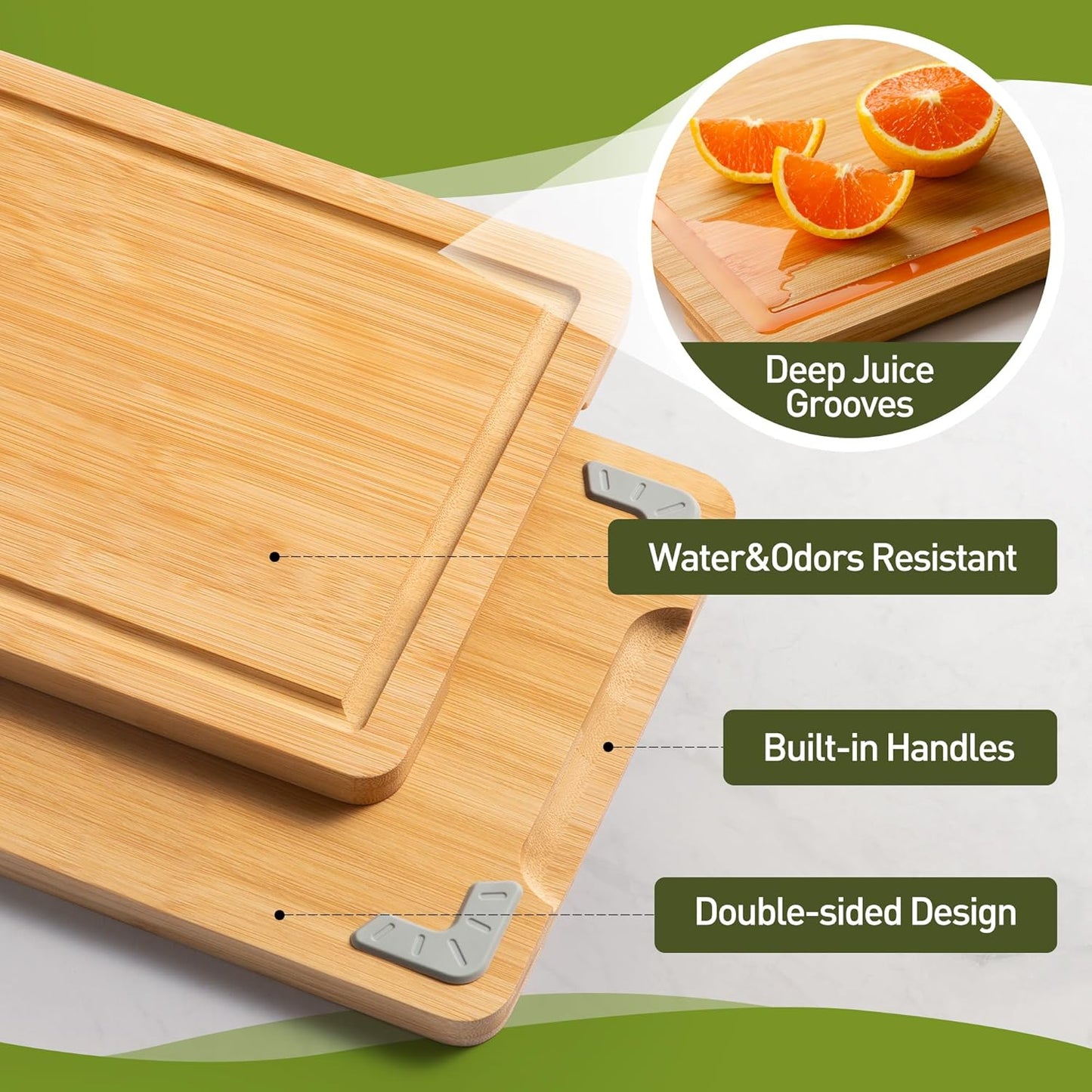 Bamboo Cutting Board Set Non Slip Feet Wood Cutting Boards for Kitchen with Juice Grooves & Built-in Handles, Ideal Charcuterie & Chopping for Meat, Vegetables and Fruits Kitchen Gift for Home Cooks