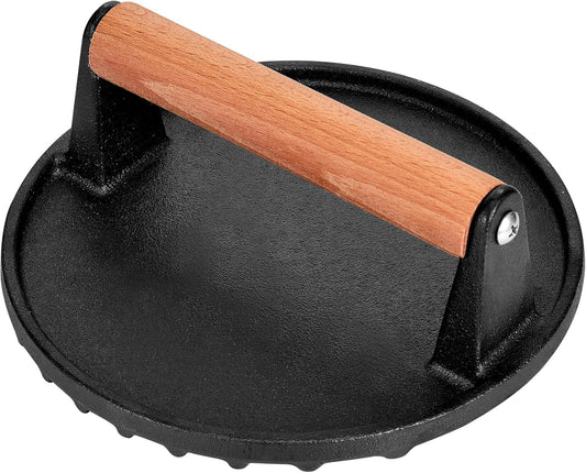 Smashed Burger Press, 7” Round Heavy-Duty Cast Iron Smash Meat Steak with Wooden Handle for Blackstone Griddle, Juicy and Crispy Burgers for BBQs, Cookouts
