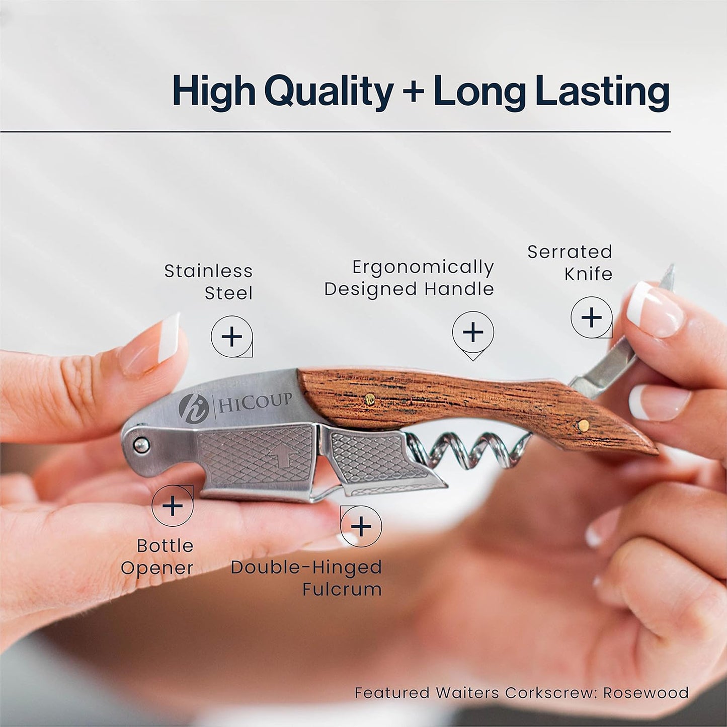 Hicoup Wine Opener - Professional Corkscrews for Wine Bottles w/Foil Cutter and Cap Remover - Manual Wine Key for Servers, Waiters, Bartenders and Home Use - Ebony Wood