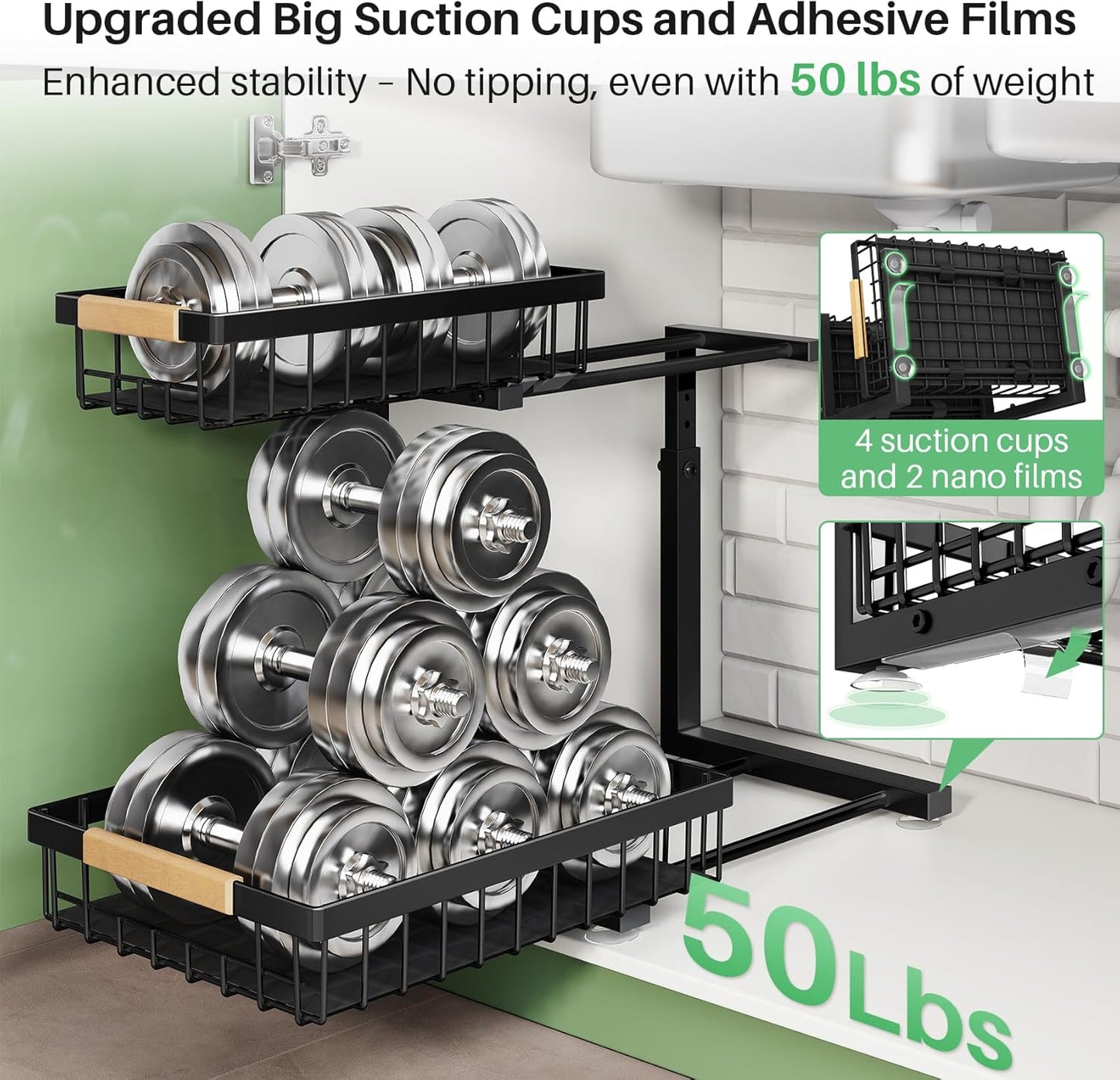 Pull out Cabinet Organizer, 2 Tier Under Sink Organizer, Slide out Metal Kitchen Cabinet Organizers Drawer Shelf, Sliding Storage Shelves for Kitchen Bathroom Pantry Cabinet Closet Organization Rack