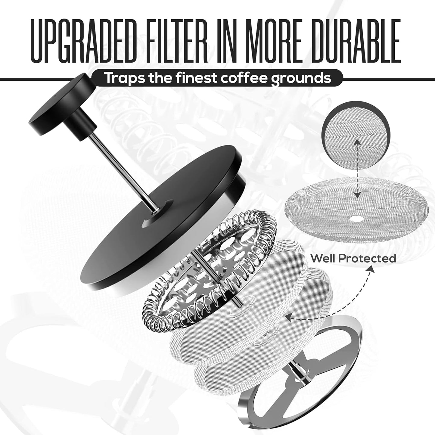 Utopia Kitchen Stainless Steel French Press Coffee Maker 34 Oz (1 Litre) with 2 Extra Filters, French Press Coffee & Tea Maker for Kitchen & Camping, Cold Brew Cafetiere, Black